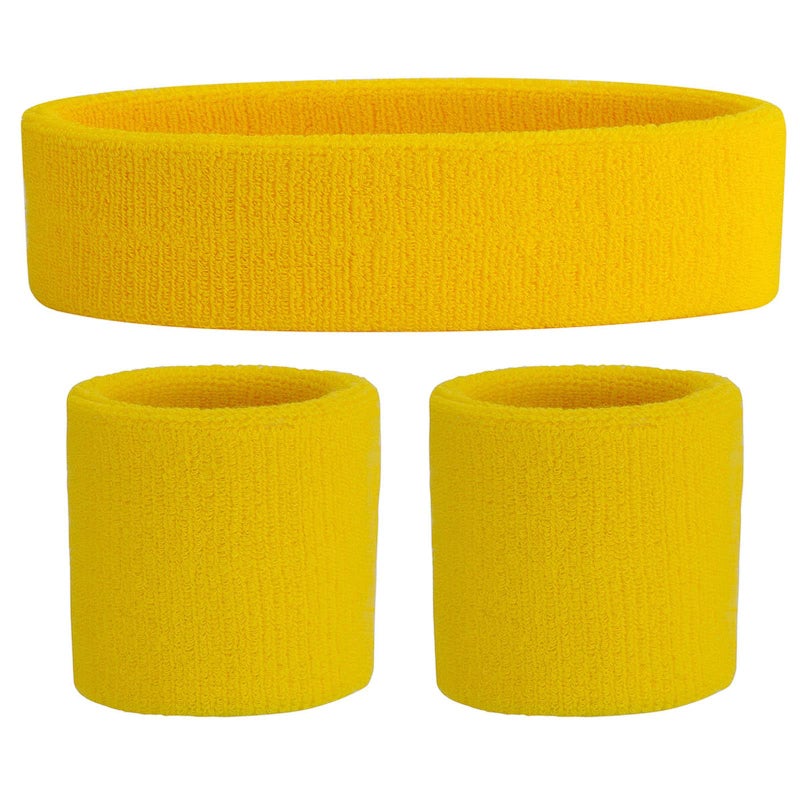 ONUPGO Yellow Sweatband Set Sports Headband Wrist Striped Sweatbands Terry Cloth Wristband Athletic Exercise Basketball Wrist Sweatband and Headbands Moisture Wicking Sweat Absorbing Head Band - Image 1